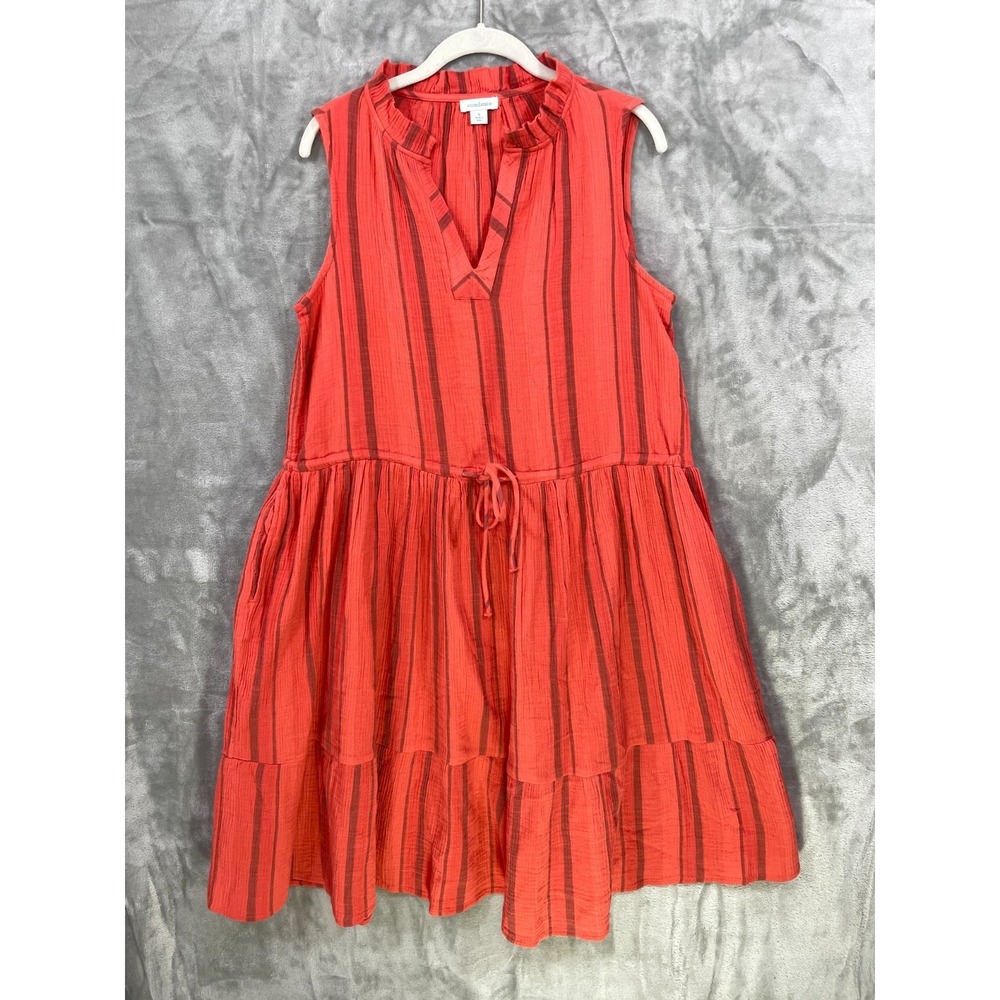 Sundance Women's SMALL Oversized Dress Red Cotton Waist Tie Knee Length Striped
